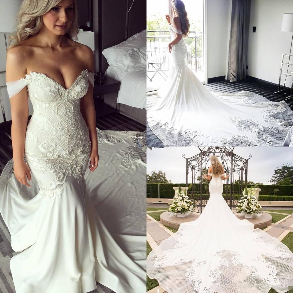 Elegant Modest Mermaid Off Shoulder Lace Appliques Sexy Wedding Dresses with train, WD0354