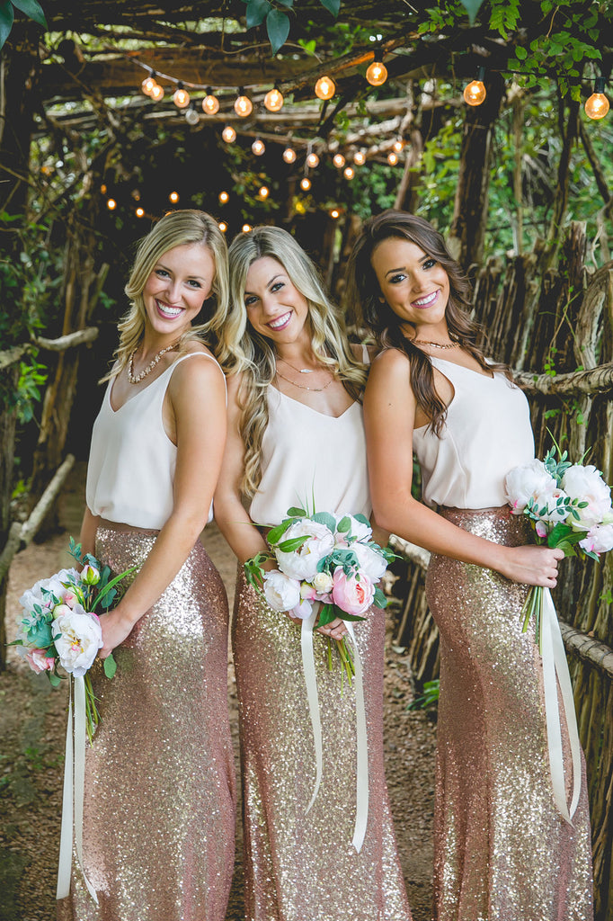 Two pieces Cheap Country Rose Gold Sequins  V-Neck Sleeveless long bridesmaid dresses , BD0423