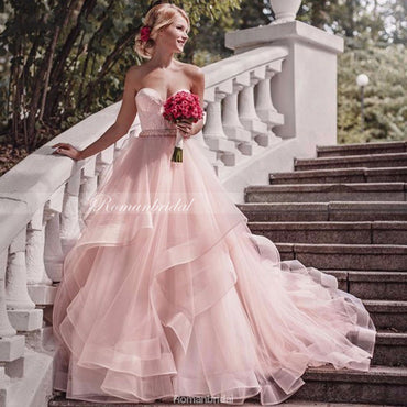 Popular Sweetheart Sleeveless Pink Organza Appliques Wedding Dresses, WD0393