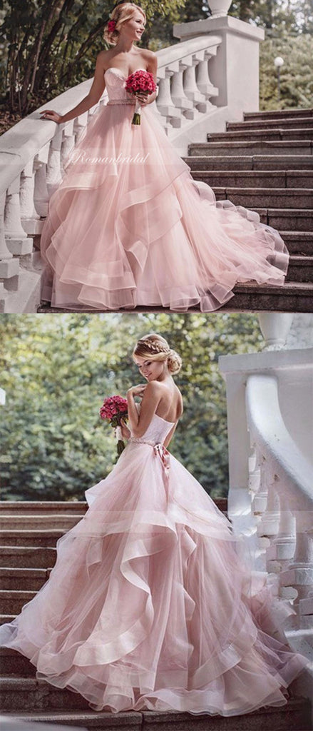 Popular Sweetheart Sleeveless Pink Organza Appliques Wedding Dresses, WD0393