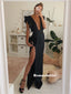 Sheath Deep V-neck Black Long Prom Dresses With Split, PD0802