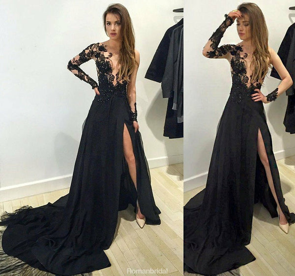 A-Line Tulle Long Sleeves High Split Lace Prom Dresses With Train, PD0 ...
