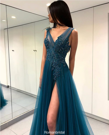 A-Line V-Neck Tulle High Slit Lace Appliques Beading Backless prom dresses,  PD0537