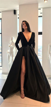 A-line Floor-length V-neck Black Long Sleeves Prom Dresses With Split, PD0786