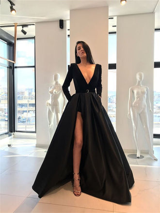 A-line Floor-length V-neck Black Long Sleeves Prom Dresses With Split, PD0786
