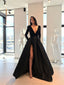 A-line Floor-length V-neck Black Long Sleeves Prom Dresses With Split, PD0786