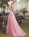 Floor-length A-line V-neck long sleeve evening dress,  Pink lace applique Back strap long prom dresses，PD0517