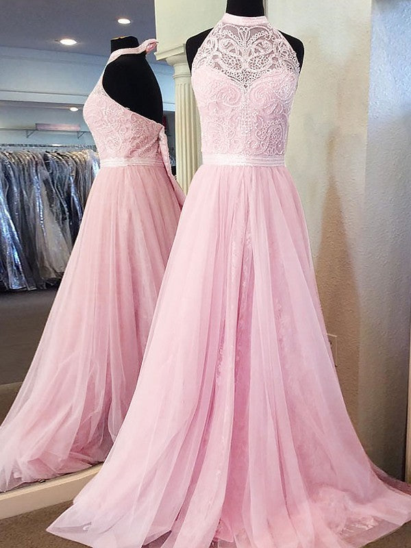 A-line Halter Sleeveless Tulle Lace Pink Backless Prom Dresses With Train, PD0546
