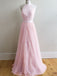 A-line Halter Sleeveless Tulle Lace Pink Backless Prom Dresses With Train, PD0546