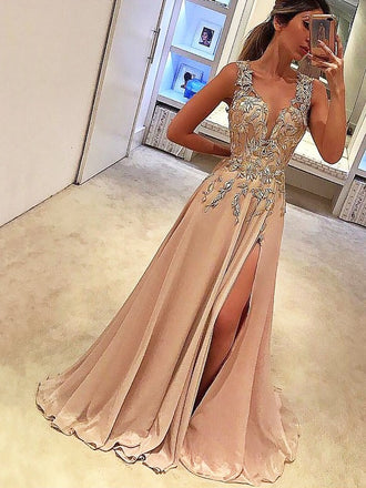 A-Line V-neck Sleeveless Floor-Length Appliques Prom Dresses, PD0666