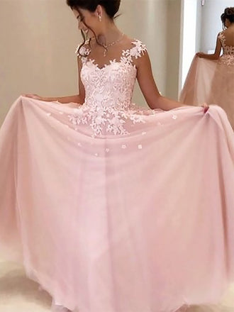 A-Line Floor-length Sleeveless Lace Appliques Top Tull Long Prom Dresses, PD0541