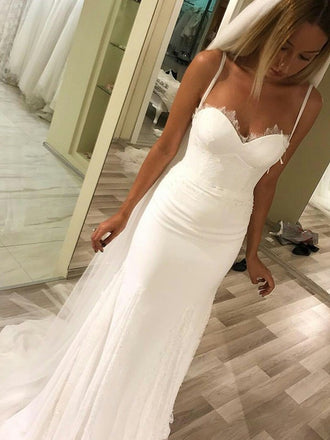 Elegant Spaghetti Straps Simple Beach Sweetheart Appliques Wedding Dresses, WD0390