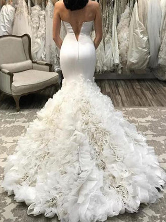 Popular Mermaid Sleeveless Sweetheart V back Wedding Dresses With Ruffles, WD0391
