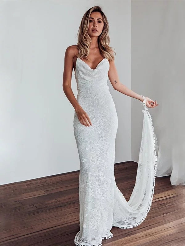 Sheath V-neck Lace up Back Sexy Wedding Dresses With Train, WD0454