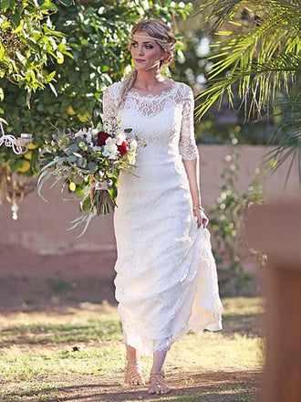 See-though Lace Half Sleeves Open-back Wedding Dresses With Train, WD0452
