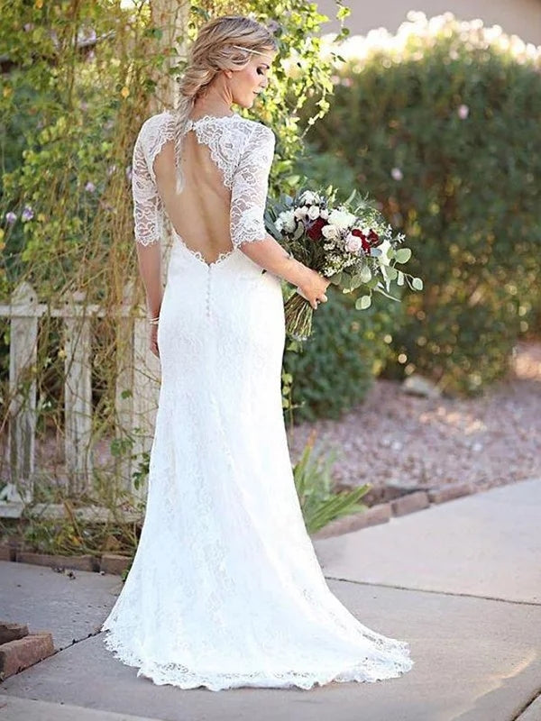 See-though Lace Half Sleeves Open-back Wedding Dresses With Train, WD0452