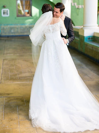 Off-shoulder Long Sleeves Lace Tulle Wedding Dresses With Train, WD0451