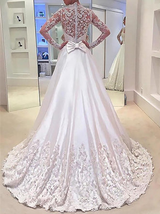 Popular A-line Lace Appliques Long Sleeves Wedding Dresses With Train, WD0420