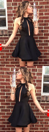 Halter A-Line Sleeveless Short Black Simple Homecoming Dresses, HD0440