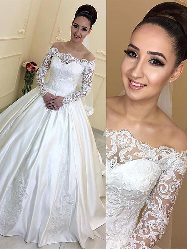 Long Sleeves Off-the-Shoulder Ball Gown Court Train Wedding Dresses, WD0403