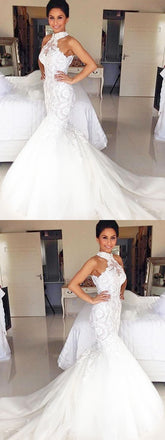 Halter Mermaid Lace Sleeveless Long Wedding Dresses With Train, WD0406