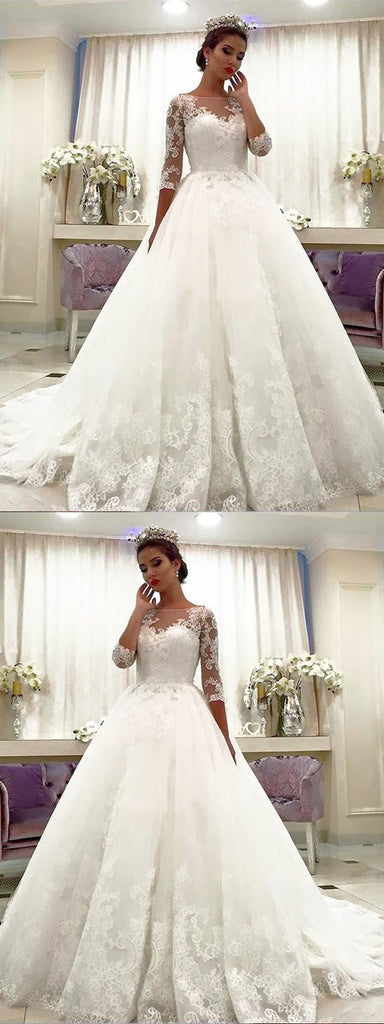 Amazing 3/4 Sleeves Lace Bateau Neck Ball gown, Wedding Dresses With Train, WD0407