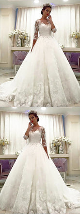 Amazing 3/4 Sleeves Lace Bateau Neck Ball gown, Wedding Dresses With Train, WD0407