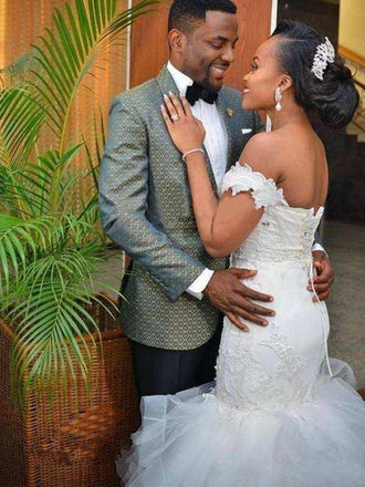 Mermaid Popular Off-shoulder Lace Up Back Wedding Dresses With Train, WD0409