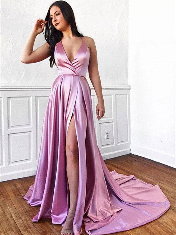 Halter Pink V-neck Long Train Prom Dress With Splits, PD0732