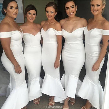 White Mermaid Off-Shoulder Backless Wedding Party Dresses,Long Bridesmaid Dress, BD0479