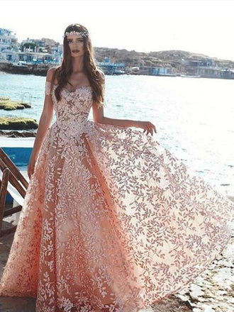 A-line Off-shoulder Lace Princess Long Tulle Prom Dresses, PD0741