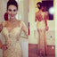 Floor-length  Sexy Mermaid Long Sleeve Evening Dresses Gold Sequins and Open Back Long Prom Dress, PD0480