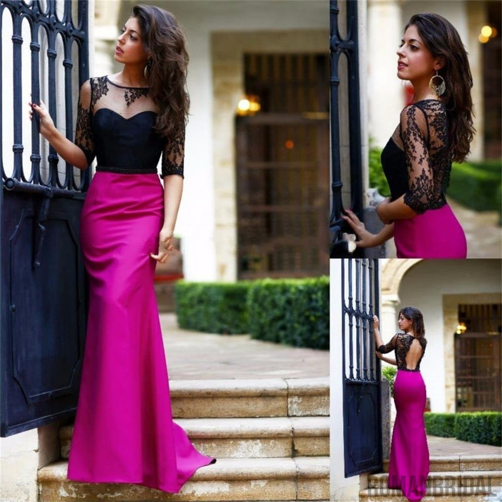 Black Top Lace Rose Red Half Sleeves Open Back Simple New Design  Prom Dress  , PD0271