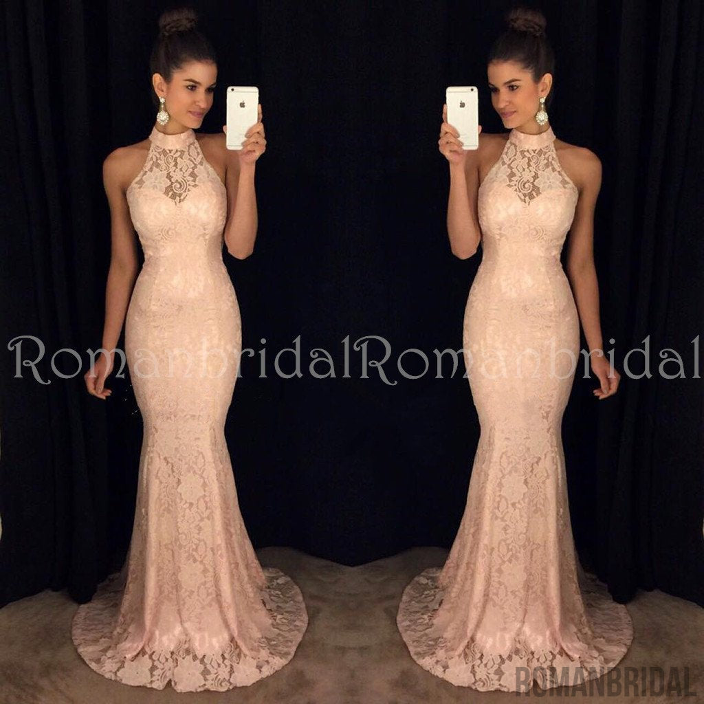 Floor-length Sexy Halter Mermaid Lace Prom Dress, round neck sleeveless High Quality Prom Dresses, PD0479