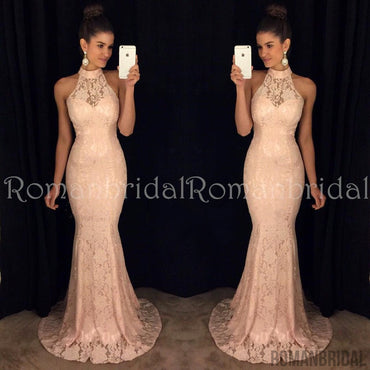 Floor-length Sexy Halter Mermaid Lace Prom Dress, round neck sleeveless High Quality Prom Dresses, PD0479