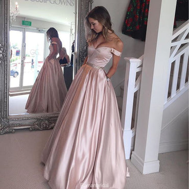 New ArrivalFashion A-line Off-the-shoulder Pearl Pink Satin Party with Beading Prom Dress, PD0416