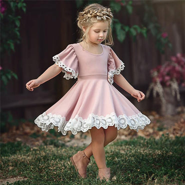 Newest Round Neck Short Sleeves Lace Pink Flower Girl Dresses, FG0130
