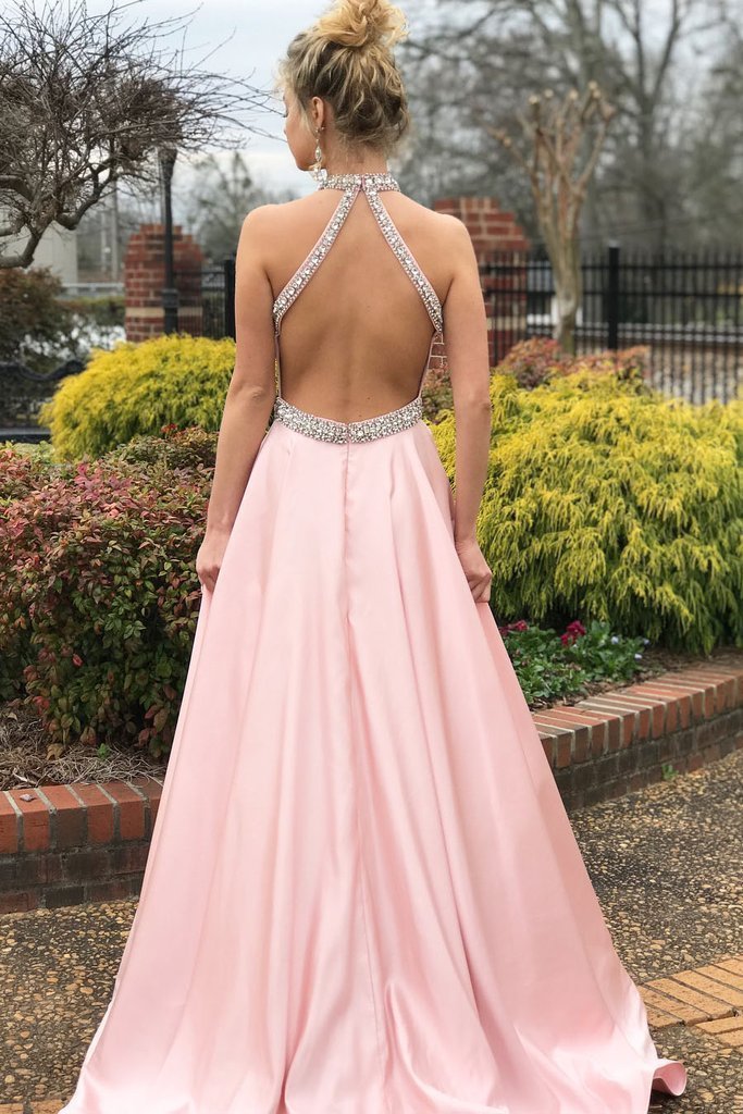 A-line Halter Backless Beading Pink Long Prom Dresses, PD0147
