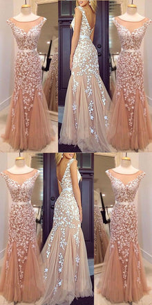 Round Neck V-Back Appliques Cap Sleeves Tulle Prom Dresses, PD0660