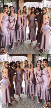 Modest Sexy Spaghetti Straps Tea-length Cheap Simple long Bridesmaid Dress, BD0509