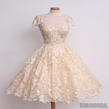 New Hot Sale V-neck Lace Cap Sleeves short Prom Dress, Elegant homecoming dresses, HD0323