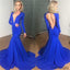 Blue Open Back Deep V Neck Long Sleeves Mermaid Evening Prom Dress, Party Dresses Online, NDPD0012