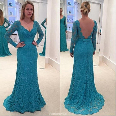 Newest V-neck Long Sleeves Full Lace Backless Prom Dresses, PD0664