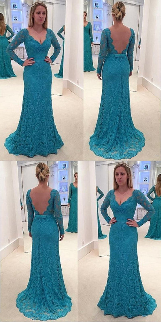 Newest V-neck Long Sleeves Full Lace Backless Prom Dresses, PD0664