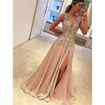A-Line V-neck Sleeveless Floor-Length Appliques Prom Dresses, PD0666