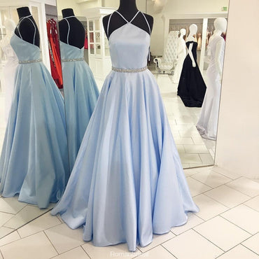 New Arrival A-line Spaghetti Straps Backless Light Blue Prom Dresses, PD0567