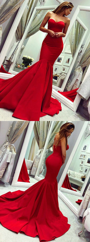 Red Mermaid Sweetheart Sleeveless Long Prom Dress With Train, PD0613