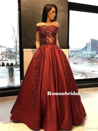 A-line Off-shoulder Appliques Top Dark Red Prom Dresses With Pockets, PD0824