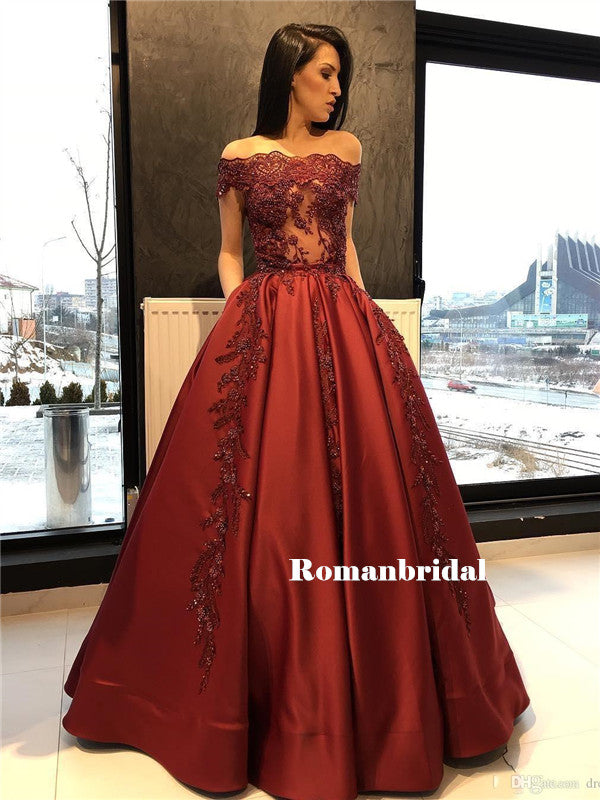 A-line Off-shoulder Appliques Top Dark Red Prom Dresses With Pockets, RomanBridal A-line Off-shoulder Appliques Top Dark Red Prom Dresses With Pockets, RomanBridal