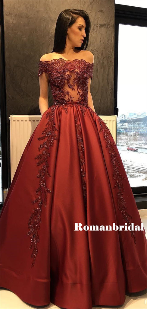 A-line Off-shoulder Appliques Top Dark Red Prom Dresses With Pockets, PD0824